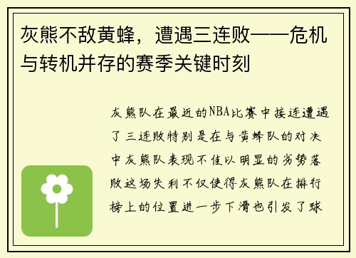 灰熊不敌黄蜂，遭遇三连败——危机与转机并存的赛季关键时刻